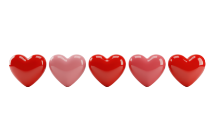 Five distinct, glossy 3D hearts in vibrant red and pink, arranged horizontally on a transparent studio backdrop, symbolizing care, connection, and appreciation for relationships