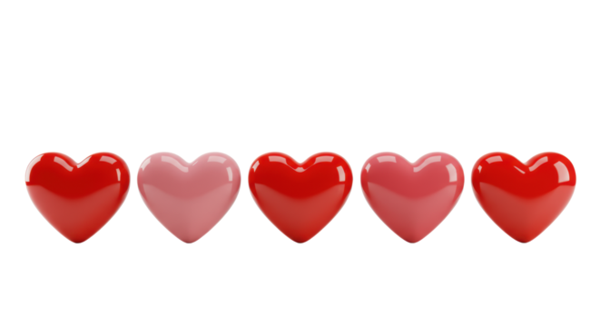Five distinct, glossy 3D hearts in vibrant red and pink, arranged horizontally on a transparent studio backdrop, symbolizing care, connection, and appreciation for relationships