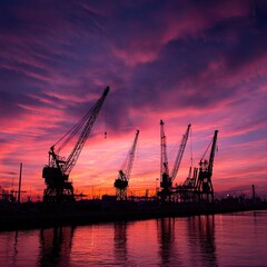 Fototapeta premium Cranes silhouette against a vibrant sunset over water
