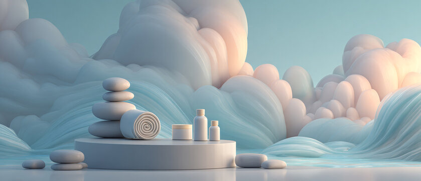 Spa y cosm&eacute;tica con piedras zen apiladas y botellas de tratamiento en un fondo de nubes et&eacute;reas.