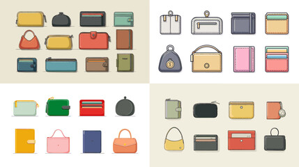 Stylish collection of wallets, purses, and small bags in various shapes and colors, perfect for fashion, retail, and accessories design projects.