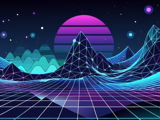 Retro 80s or 90s style landscape with mountains, moon and stars. Vector illustration