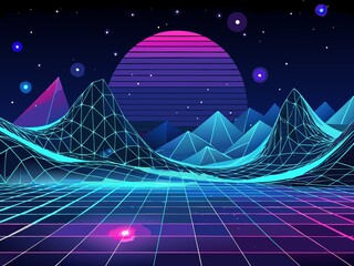 Retro 80s or 90s style landscape with mountains, moon and stars. Vector illustration