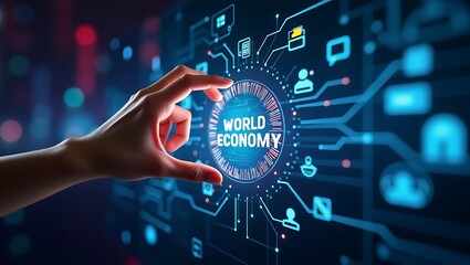 Hand interacting with digital world economy interface