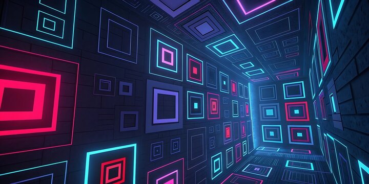 Immersive futuristic neon square tunnel with vibrant pink blue and purple geometric lights reflecting on a dark glossy floor creating a cyberpunk atmosphere