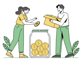 Man and woman investing money in a jar. Money savings concept. Flat vector illustration.
