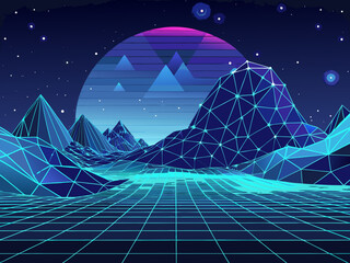 Retro 80s or 90s style landscape with mountains, moon and stars. Vector illustration