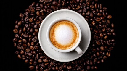 Fototapeta premium Coffee cup surrounded beans on dark background
