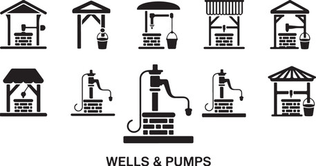 Wells and Pumps Collection - Black and White Water Pump Illustrations