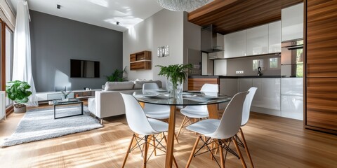 Fototapeta premium Modern stylish living room and kitchen interior with elegant furniture and wooden accents