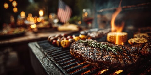 Juicy grilled steak and vegetables on barbecue grill with blurred american flag