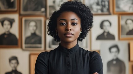 Confident african female adult in black top stands before vintage portrait wall. International Day of the Disappeared
