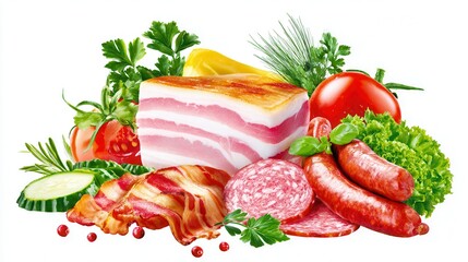 Assorted meats vegetables on white background