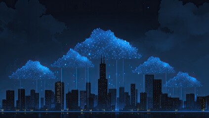 Digital clouds over a city skyline at night