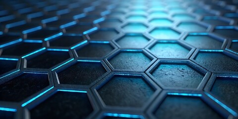 Futuristic hexagonal grid with glowing blue edges and textured dark surfaces creating a sci fi technological background pattern