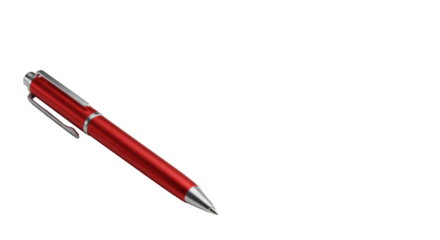 Vibrant red metallic ballpoint pen with silver accents on a light grey matte surface, soft studio light, crisp focus. Concept of meticulous planning and innovation