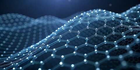 Abstract glowing hexagonal molecular structure with interconnected nodes creating a futuristic digital network on a dark background