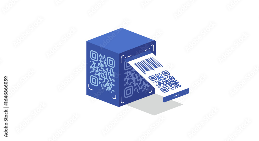 Poster isometric barcode scanner machine with qr code integration and blue 3d design
