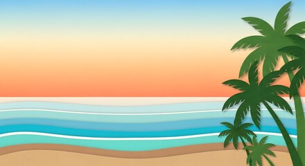 Fototapeta premium A serene beach scene featuring palm trees, ocean waves, and a colorful sunset sky.