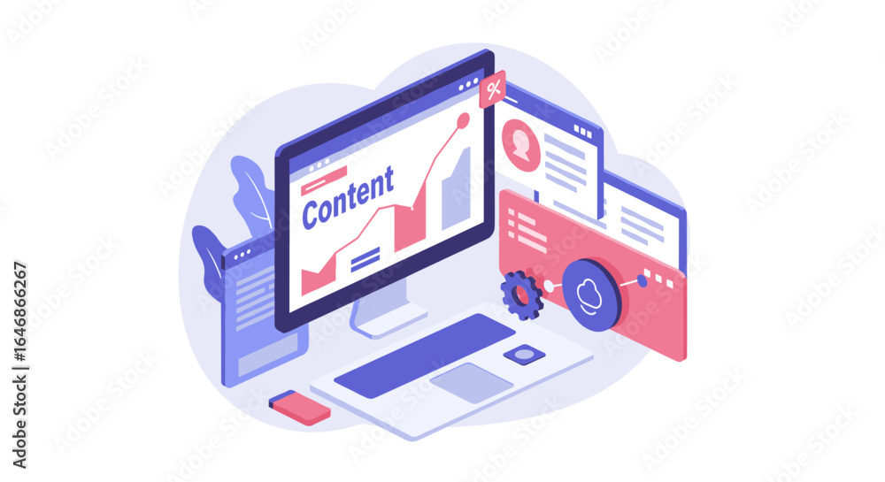 Aufkleber isometric digital content management on desktop with charts and cloud interface