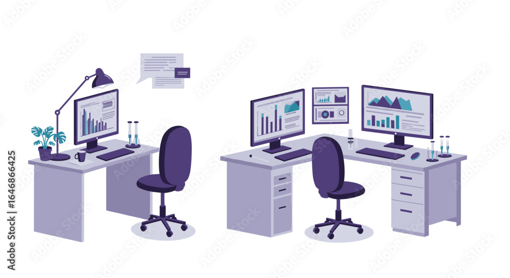 Poster modern office workspace with dual monitors and graphs in isometric style