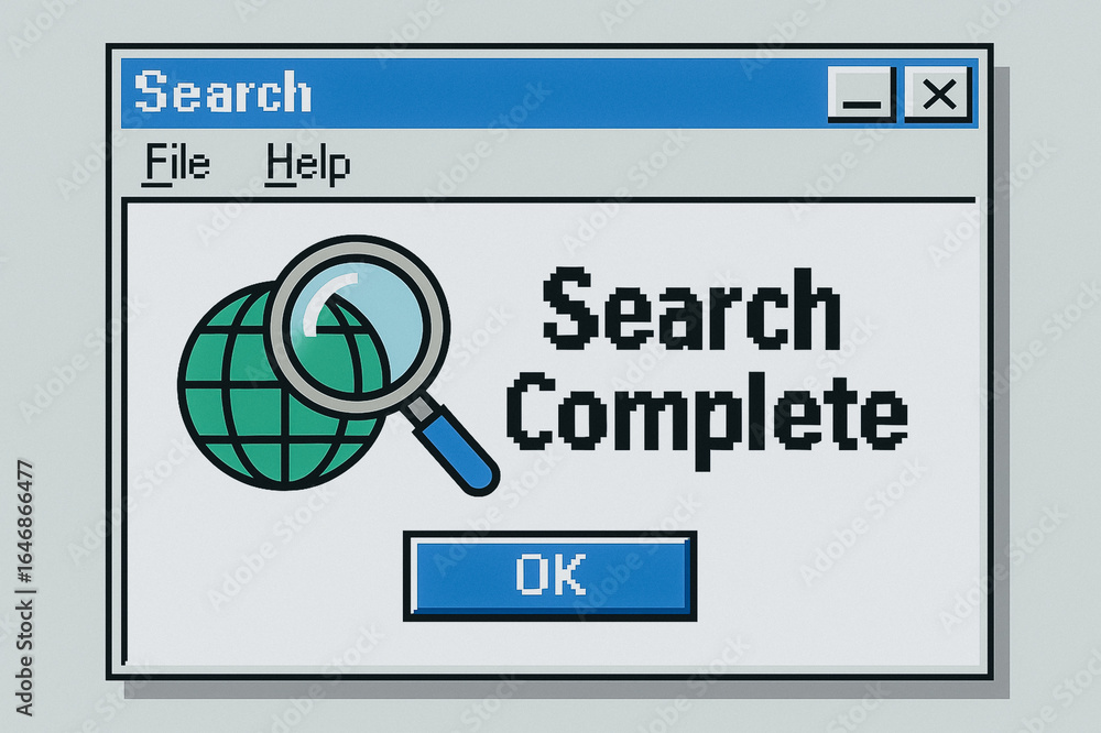 Poster search complete: a digital search window signals the successful completion of a search query, symbol