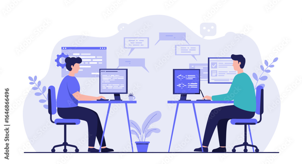 Poster collaborative office work with modern technology and team communication in minimalist workspace