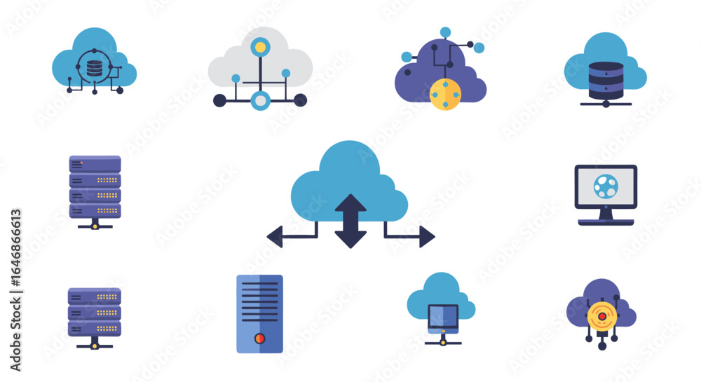 Poster cloud computing icons set featuring servers, data, and network elements