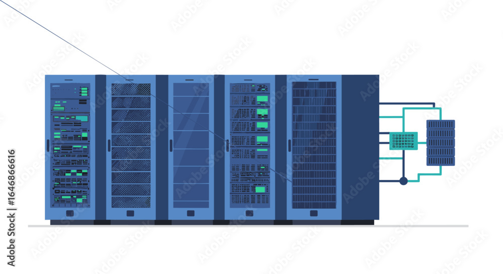 Poster modern data center equipment with network connected server racks in flat design style