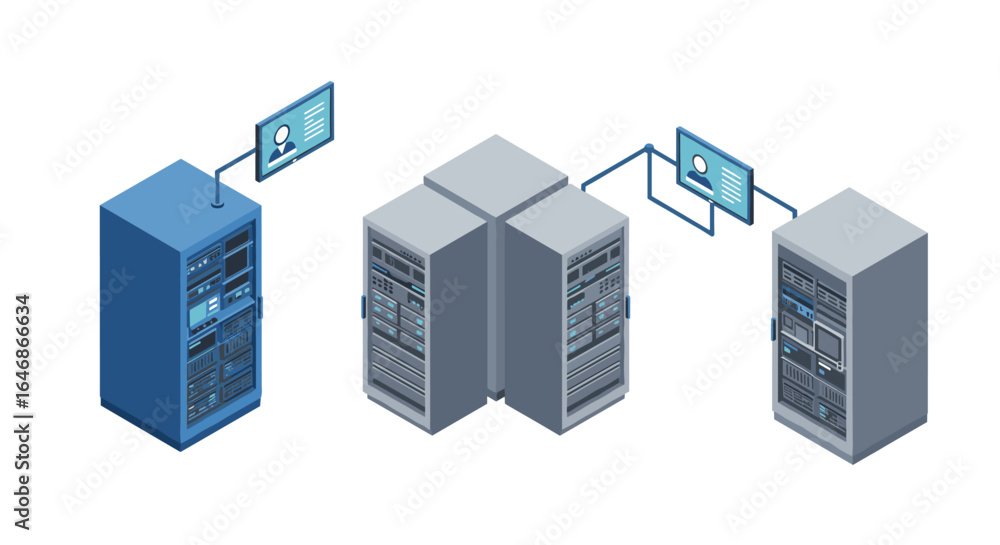 Aufkleber isometric data center servers with network connections and digital displays