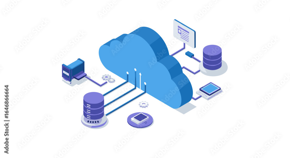 Poster isometric cloud computing concept with network connections and data servers