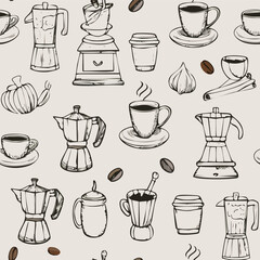 Hand-drawn coffee tools seamless pattern sketch on beige background