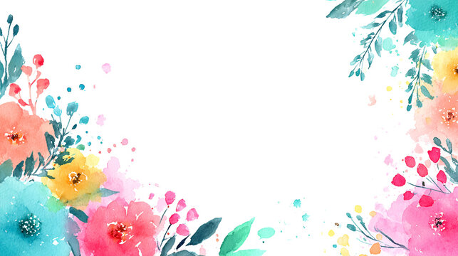 Marco floral acuarela con flores vibrantes y hojas verdes sobre fondo blanco, dise&ntilde;o delicado.