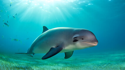 Fototapeta premium A graceful dolphin swims through the clear blue ocean water, illuminated by bright sunbeams filtering from above, with a small school of fish swimming nearby over a sandy seabed