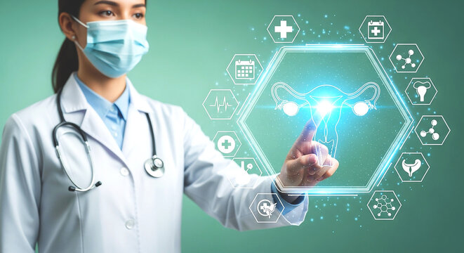 Masked doctor interacts with holographic uterus display surrounded by medical icons on green background - Powered by Adobe