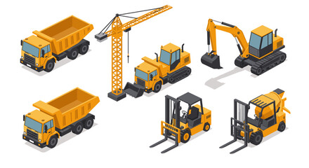 Construction vehicles in isometric style featuring trucks, crane, excavator, and forklift