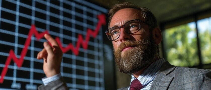 Businessman Analyzing Stock Chart Pointing at Red Graph Financial Analysis. - Powered by Adobe