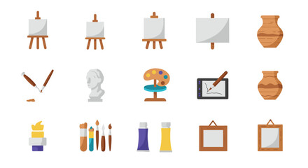 Flat art icon set: easels, brushes, paint tubes, and pottery