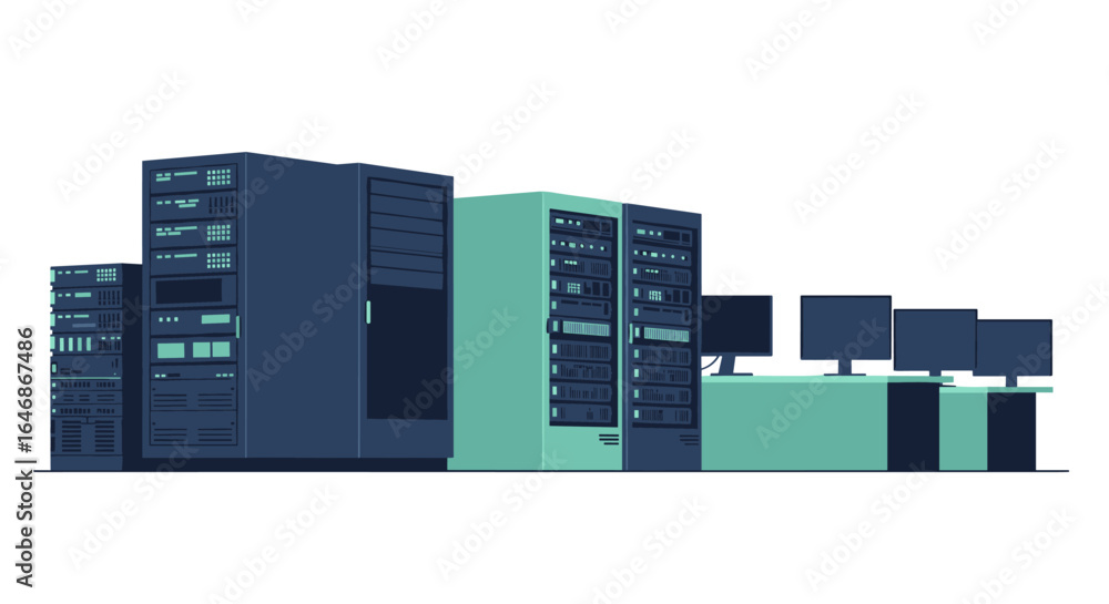 Poster modern data center with server racks and monitors in minimalist style