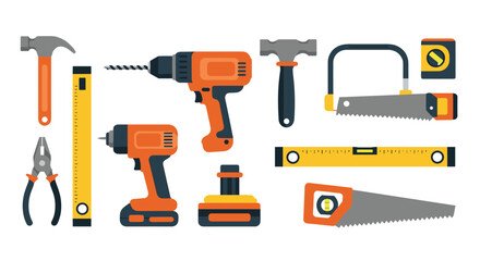 Flat design construction tools set with drill, hammer, and saw for diy projects