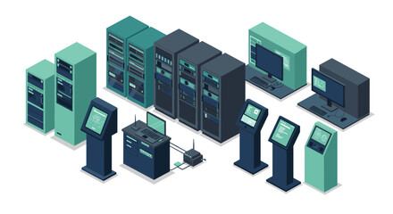 Isometric data center: servers, computers, and kiosks in modern technology setup