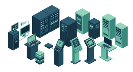 Isometric data center equipment collection with servers and monitors