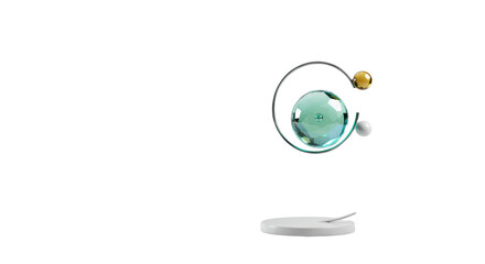 A luminous abstract object, a glowing orb or geometric gem, suspended by a thin metallic arm, transparent studio background, copy space, bokeh, concept of innovation and breakthrough