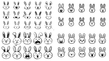 Expressive bunny faces illustration set. Hand-drawn cartoon rabbits with various emotions and detailed features in black and white, perfect for cute and animal-themed art.