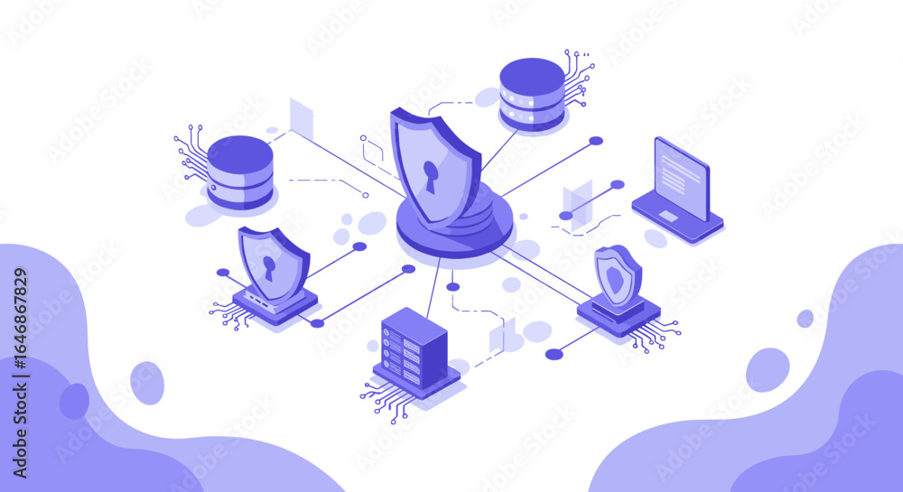 Poster isometric network security with data encryption and cyber protection elements