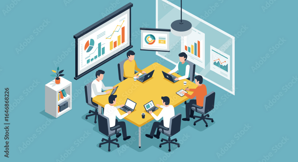 Poster collaborative meeting in modern office with technology and data visualization