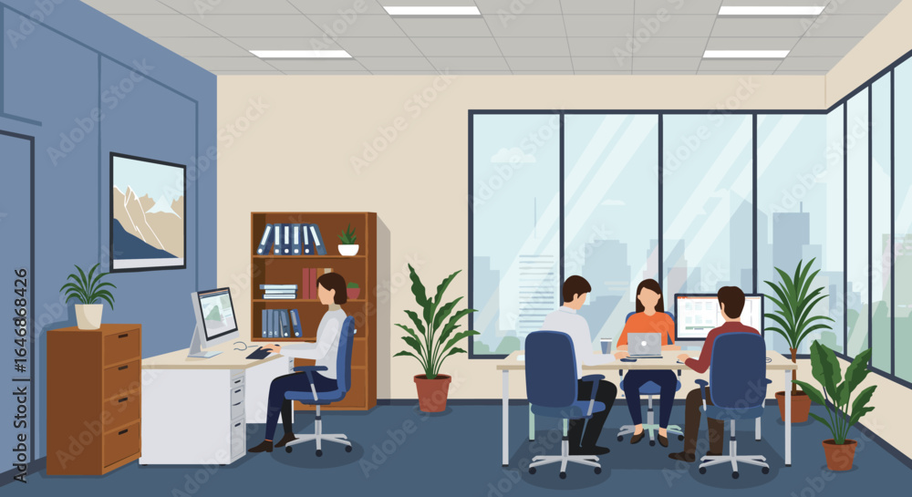 Poster modern office workspace with team collaborating in open plan setting