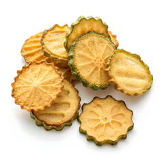 Isolated dried ridge gourd chips on a clean white background, ideal for showcasing healthy snacks