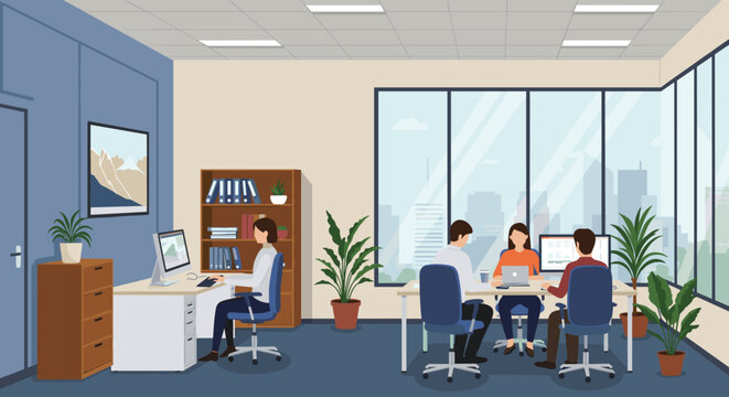 Modern office workspace with team collaborating in open plan setting
