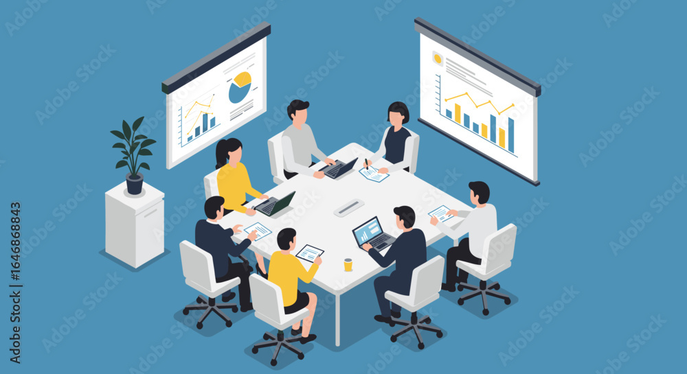 Poster isometric office meeting with diverse team analyzing data charts and graphs